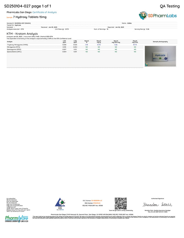 Certificate of Analysis for Hydroxie 7-OH 15mg Tablets showing lab test results and purity data