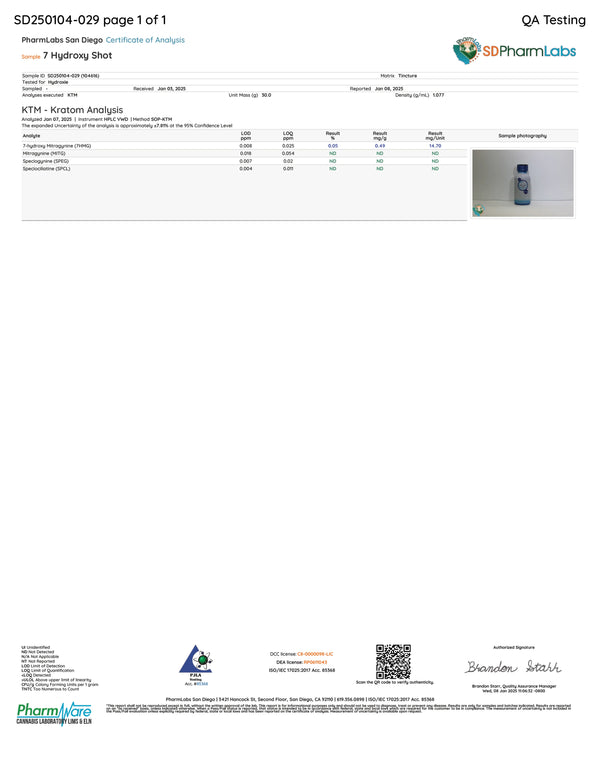 Certificate of Analysis for Hydroxie 7-OH Shots showing lab test results and purity data
