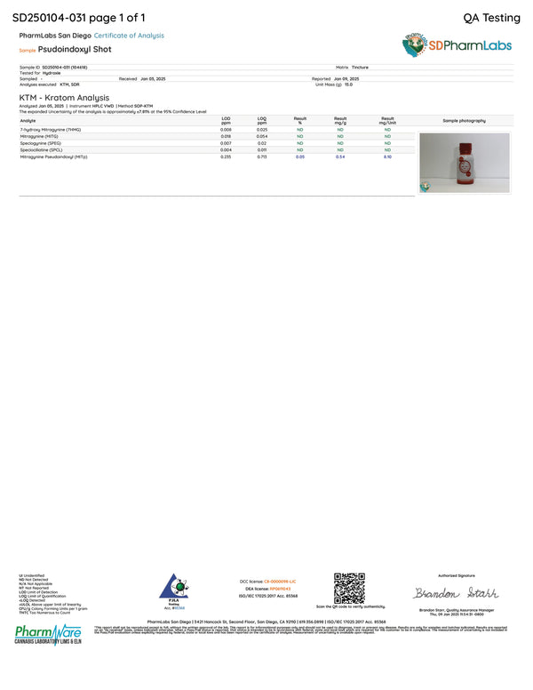 Certificate of Analysis for Hydroxie Pseudoindoxyl Shots showing lab test results and purity data