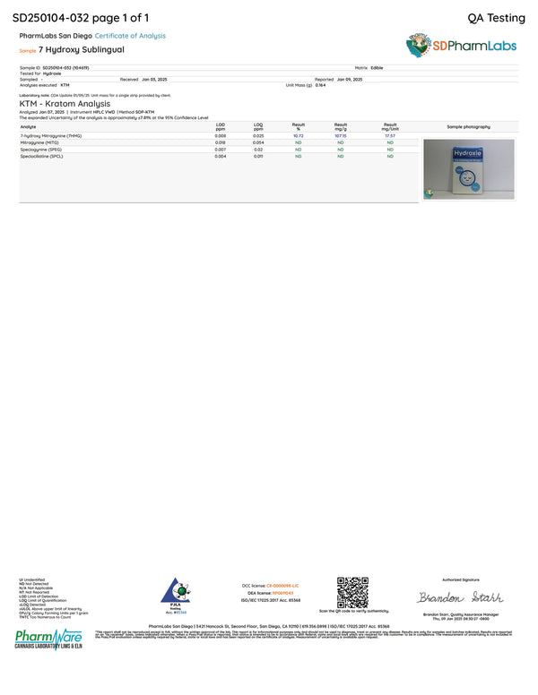Certificate of Analysis for Hydroxie 7-OH Sublingual Strips showing lab test results and purity data
