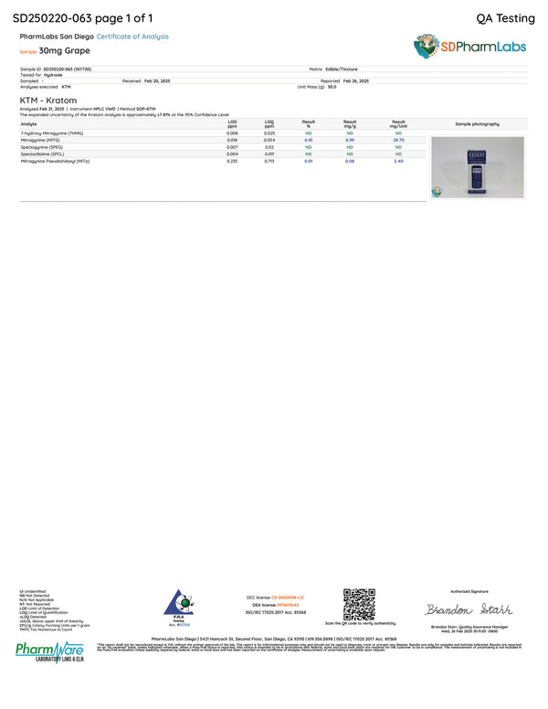 Certificate of Analysis for Hydroxie Grape 30mg flavored shot showing lab test results and purity data
