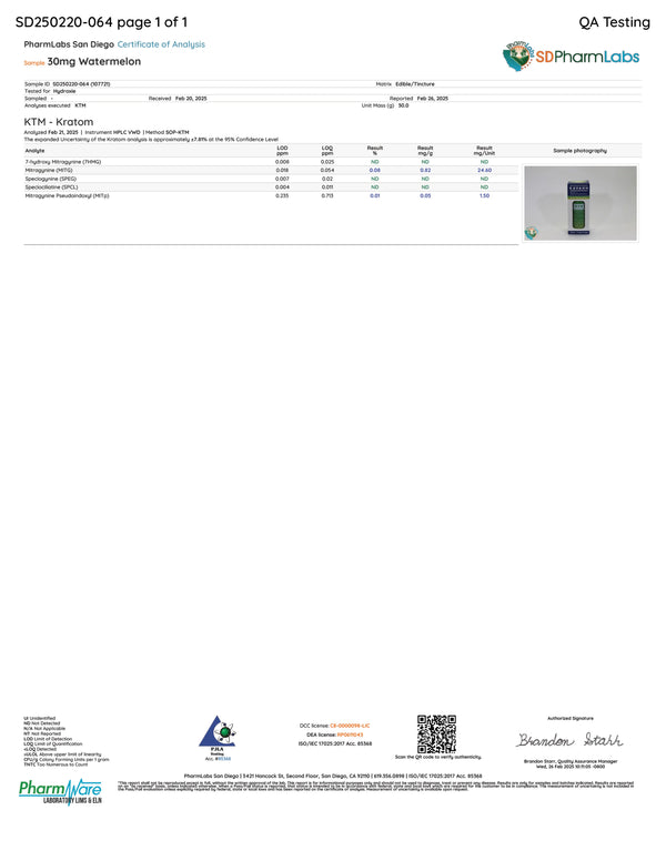 Certificate of Analysis for Hydroxie Watermelon 30mg flavored shot showing lab test results and purity data