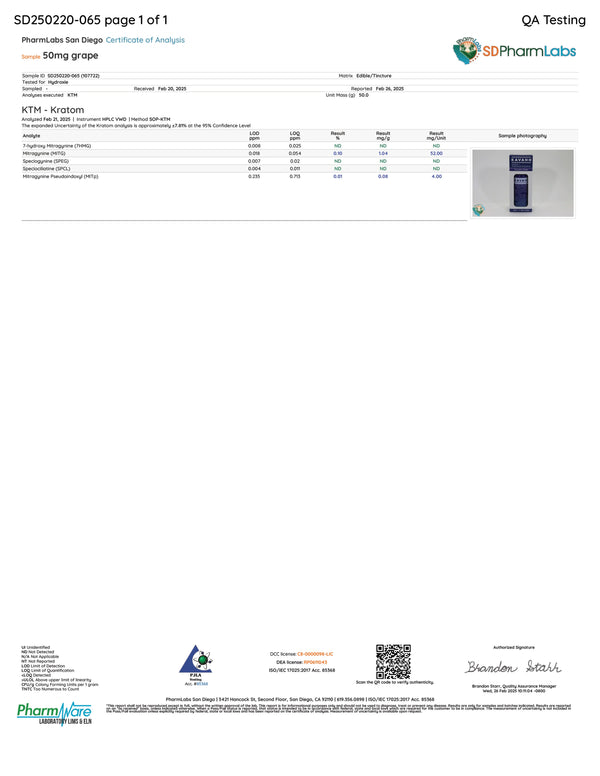 Certificate of Analysis for Hydroxie Grape 50mg flavored shot showing lab test results and purity data