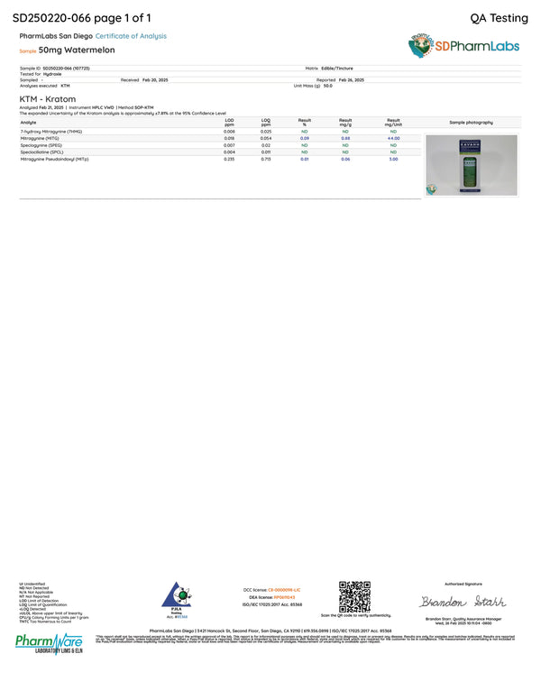 Certificate of Analysis for Hydroxie Watermelon 50mg flavored shot showing lab test results and purity data