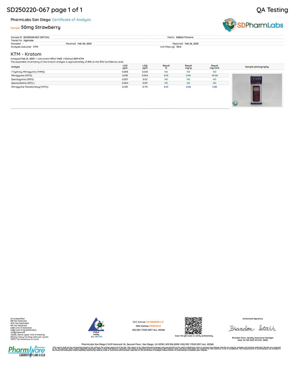 Certificate of Analysis for Hydroxie Strawberry 50mg flavored shot showing lab test results and purity data